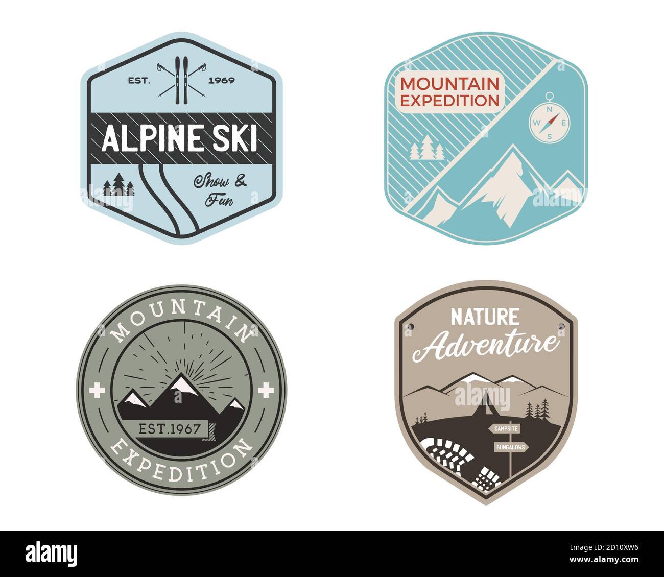 Vintage camp patches logos, mountain badges set. Hand drawn stickers  designs bundle. Travel expedition, backpacking labels. Outdoor hiking  emblems. Logotypes collection. Stock vector., Stock vector