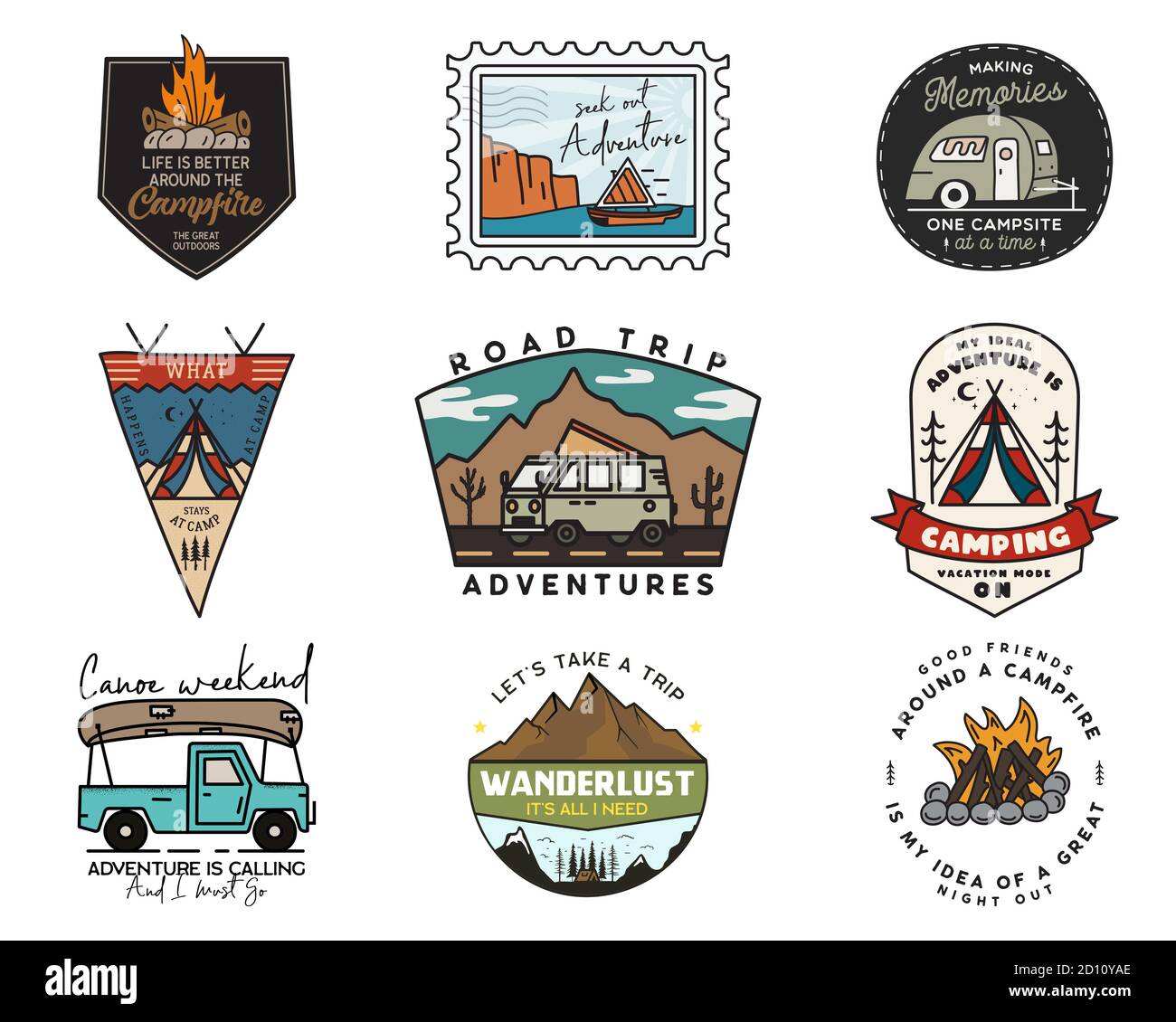Camping adventure badges logos set, Vintage travel emblems. Hand drawn stickers designs bundle. Hiking road trip, rv, canoe labels. Outdoor camper Stock Vector