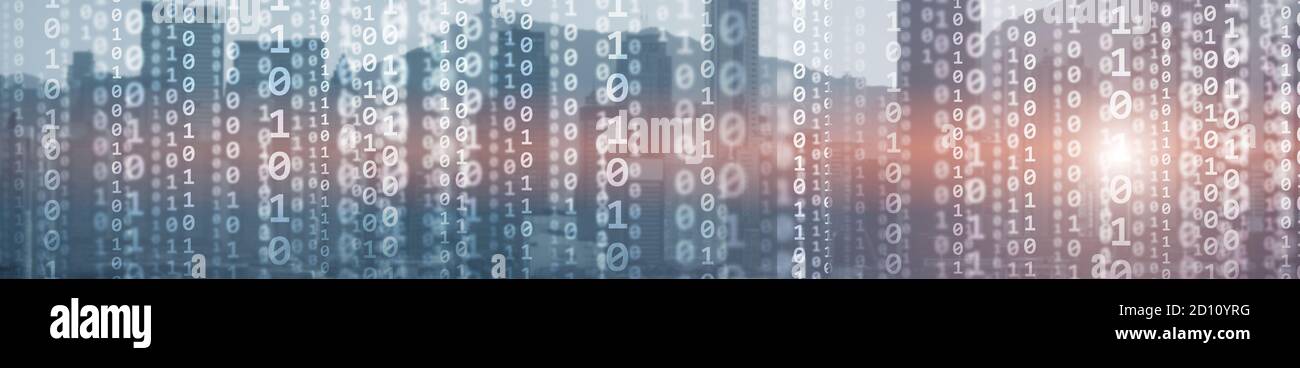 Binary computer code virtual city skyline. Matrix Mixed Media Background. Stock Photo