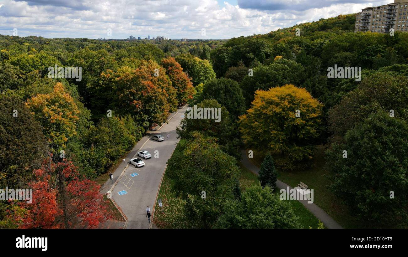 1st of October 2020, Springbank Park in London Ontario Canada. Aerial of the park roads in the fall. Luke Durda/Alamy Stock Photo