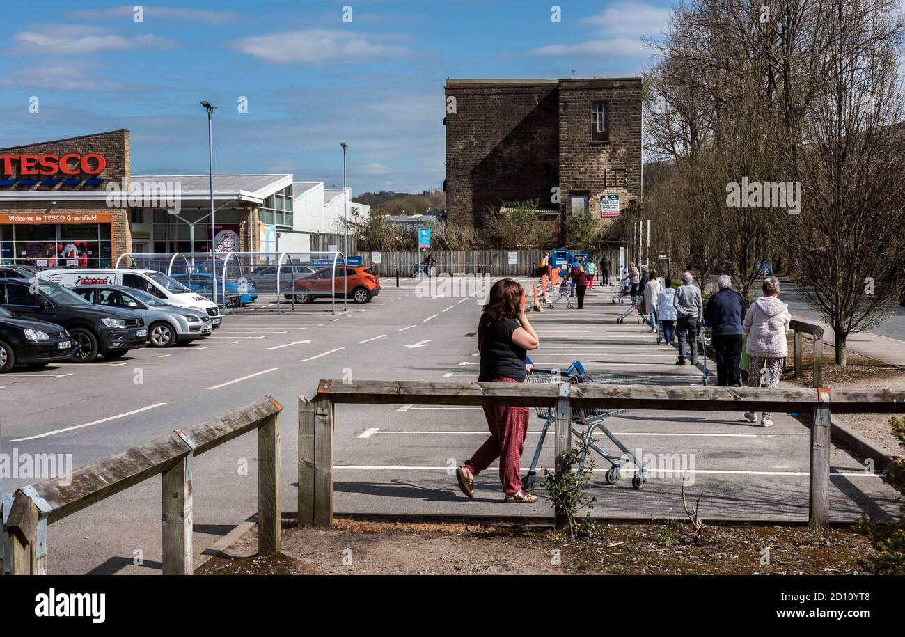 Tesco, Greenfield, Oldham, Greater Manchester. Social Distancing Stock