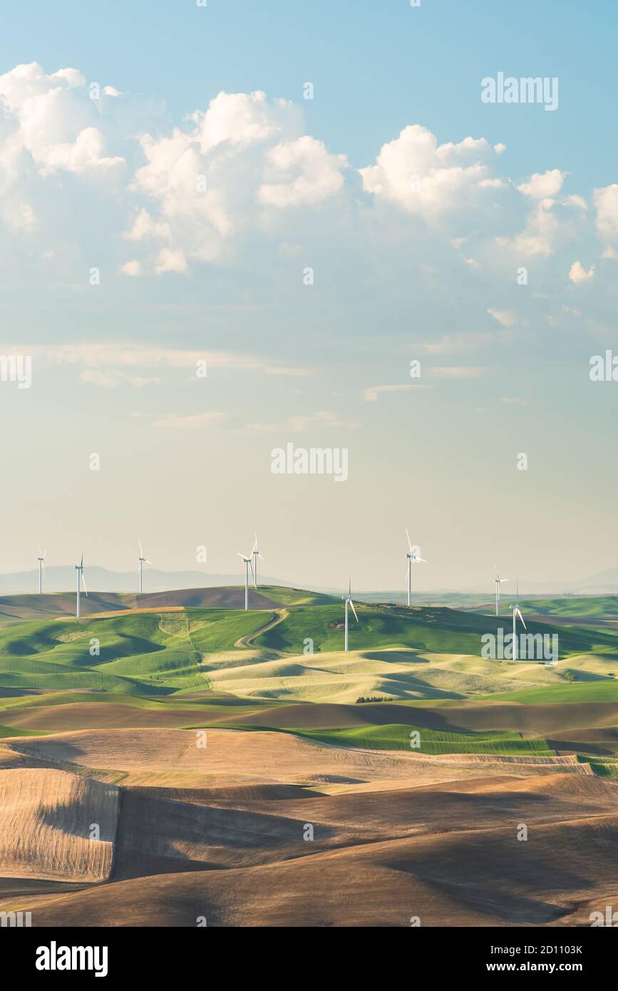 Wind turbines in the rolling hills of the Palouse agricultural region of Washington state with beautiful skies above Stock Photo