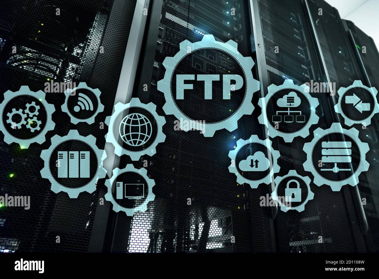 FTP. File Transfer Protocol. Network Transfer data to server on supercomputer background. Stock Photo