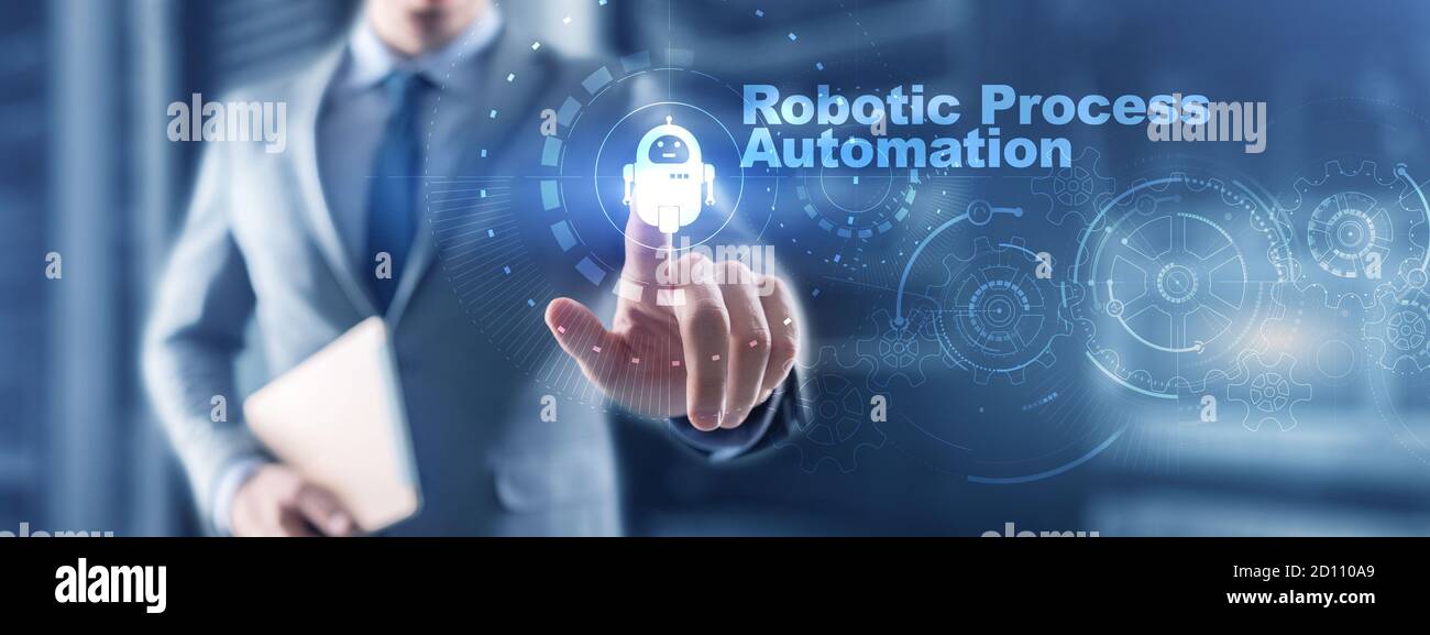 RPA Robotic Process Automation. Technology concept on virtual screen. Ai algorithm analyze Business. Stock Photo