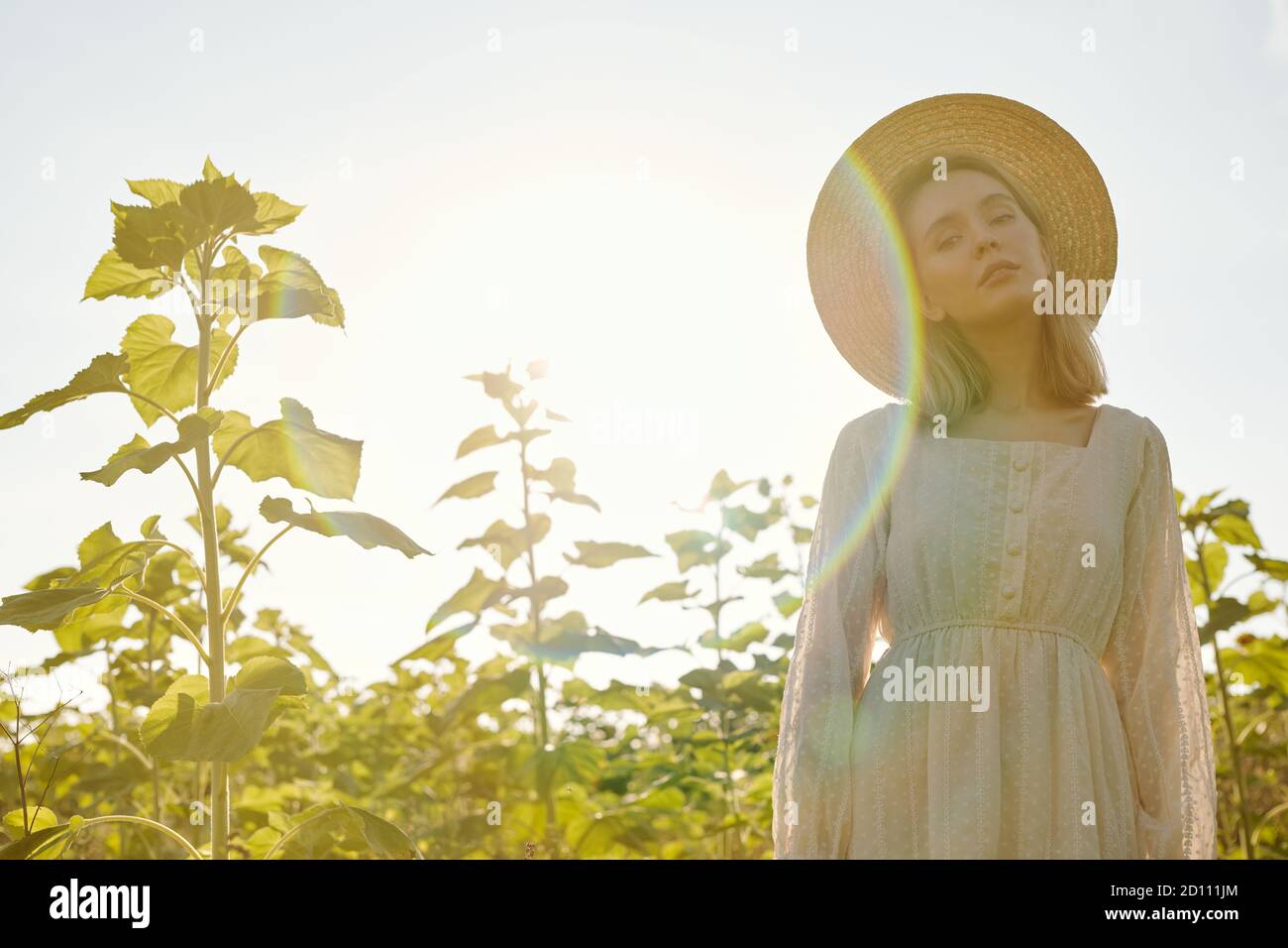 Beautiful young woman in straw hat and white country style dress looking at you Stock Photo