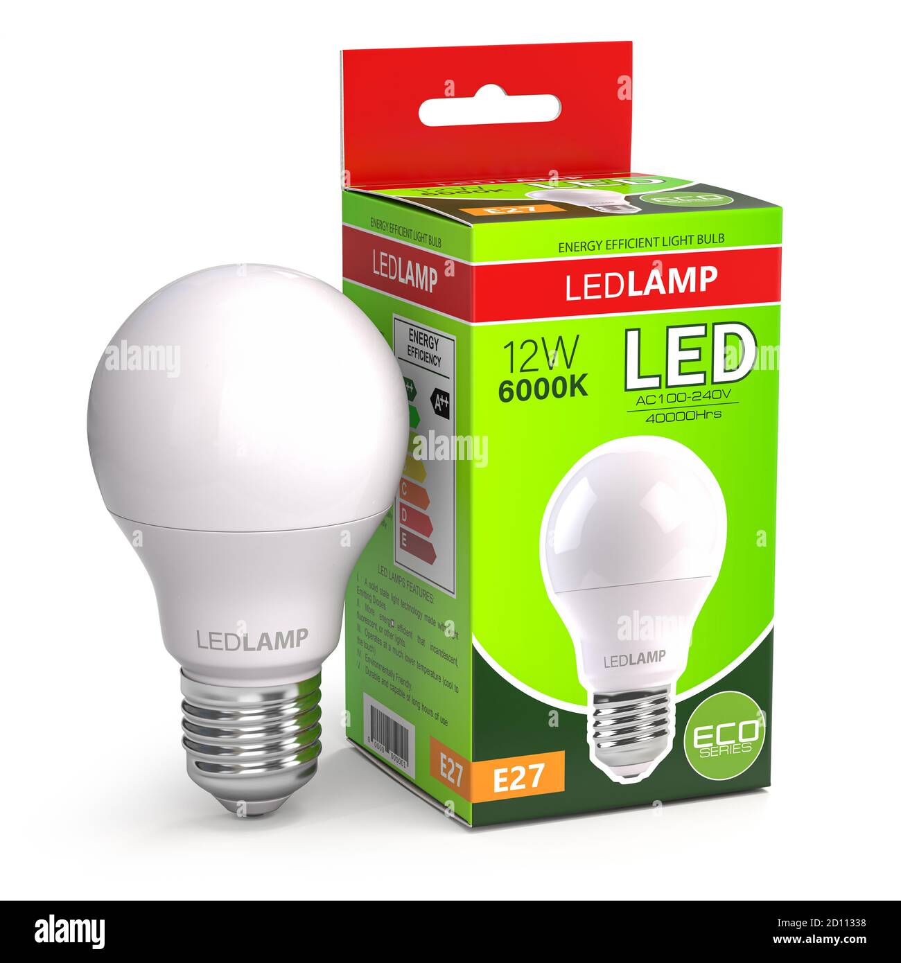 Led lamp with package box isolated on white. Energy efficient light bulb.  3d illustration Stock Photo - Alamy