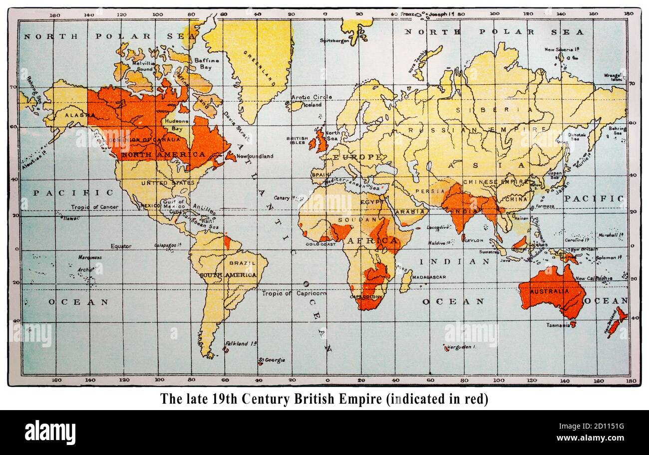 A late 19th Century map of the world, with the British Empire marked in red. The British Empire comprised the dominions, colonies, protectorates, mandates, and other territories ruled or administered by the United Kingdom and its predecessor states. Note: the names of some locations are no longer in use. Stock Photo