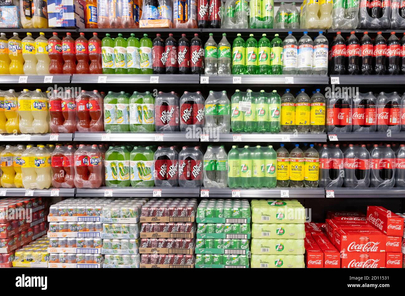 Fizzy drinks on sale in a supermarket in Cardiff, Wales, United Kingdom