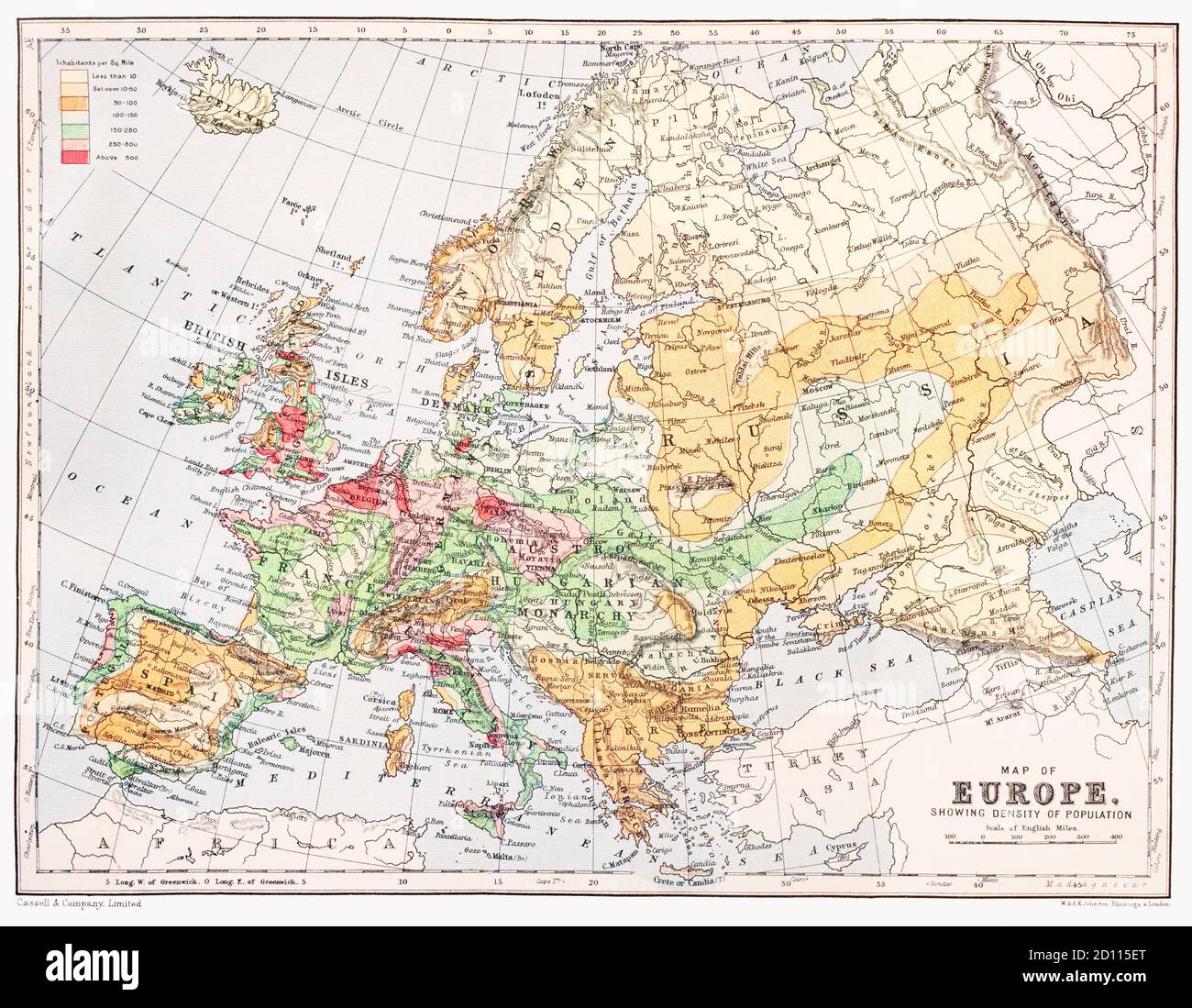 A late 19th Century map of Europe, showing its density of population. Note the names of some locations are no longer in use. Stock Photo