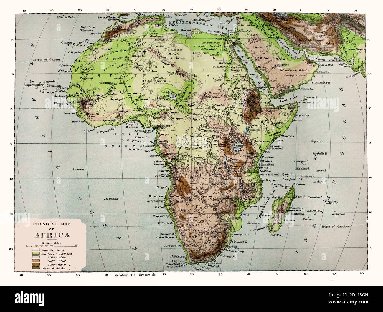 A late 19th Century physical map of Africa, note the names of some locations are no longer in use. Geologically, Africa includes the Arabian Peninsula; the Zagros Mountains of Iran and the Anatolian Plateau of Turkey mark where the African Plate collided with Eurasia. The Afrotropical realm and the Saharo-Arabian desert to its north unite the region biogeographically, and the Afro-Asiatic language family unites the north linguistically. Stock Photo