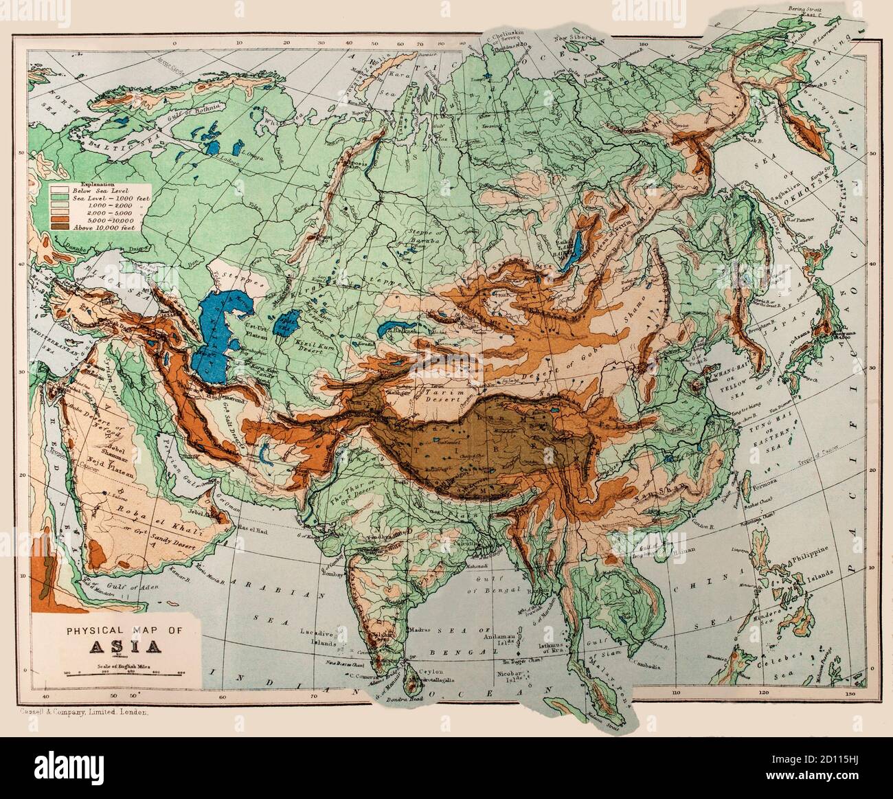 A late 19th Century physical map of Asia, the Earth's largest and most populous continent, located primarily in the Eastern and Northern Hemispheres. It covers an area of about 30% of Earth's total land area and 8.7% of the Earth's total surface area. The continent, which has long been home to the majority of the human population. Stock Photo