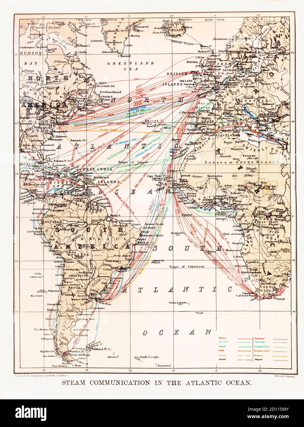 A late 19th Century map of the Atlantic Rim, illustrating shipping routes from the British Isles to the rest of the world. Note the names of some locations are no longer in use. Stock Photo