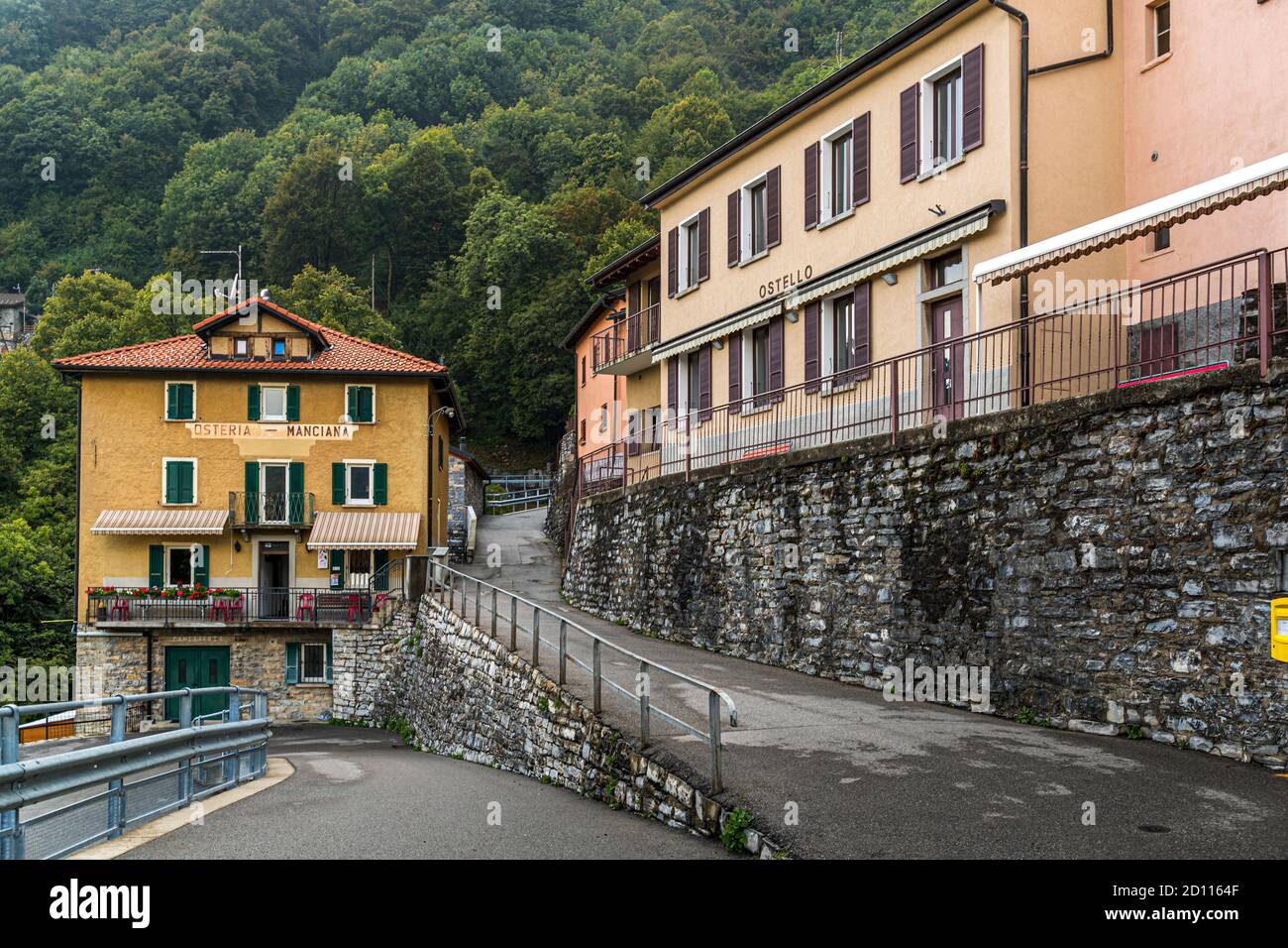The restaurant of Guerino Pifaretti is quite prominent above the last switchback that takes you to the village. Road cyclists often stop here. The osteria also has many regulars who come up from the valley. Impressions in the Ticino Muggio Valley, Breggia, Switzerland Stock Photo