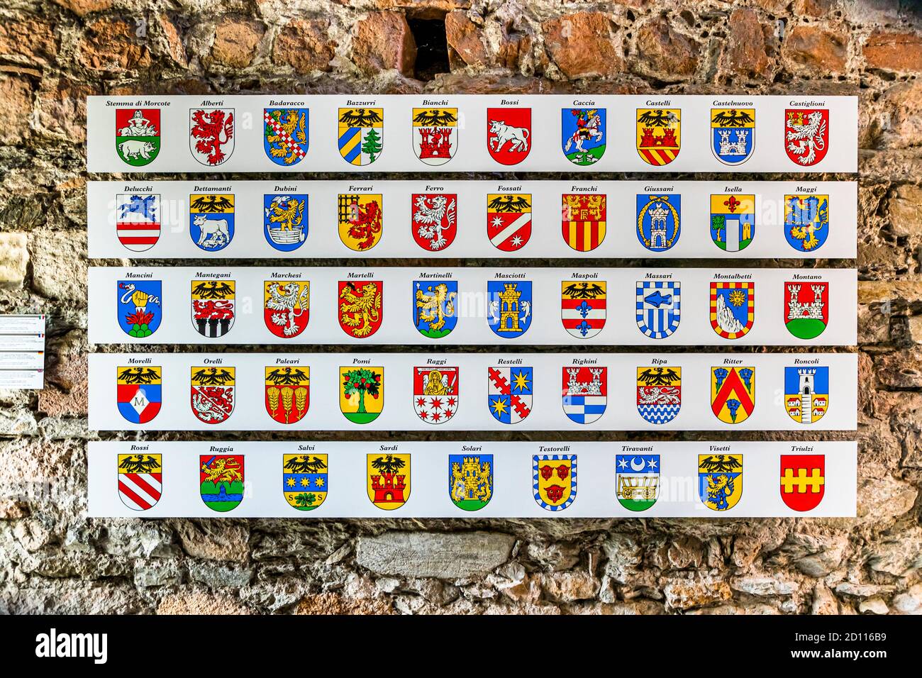 Coat of arms of the most important families in Morcote on Lake Lugano in Ticino, Circolo di Carona, Switzerland Stock Photo