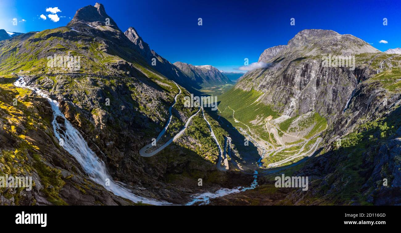 Trollstigen or Trolls Path is a serpentine mountain road in Rauma Municipality in Norway Stock Photo
