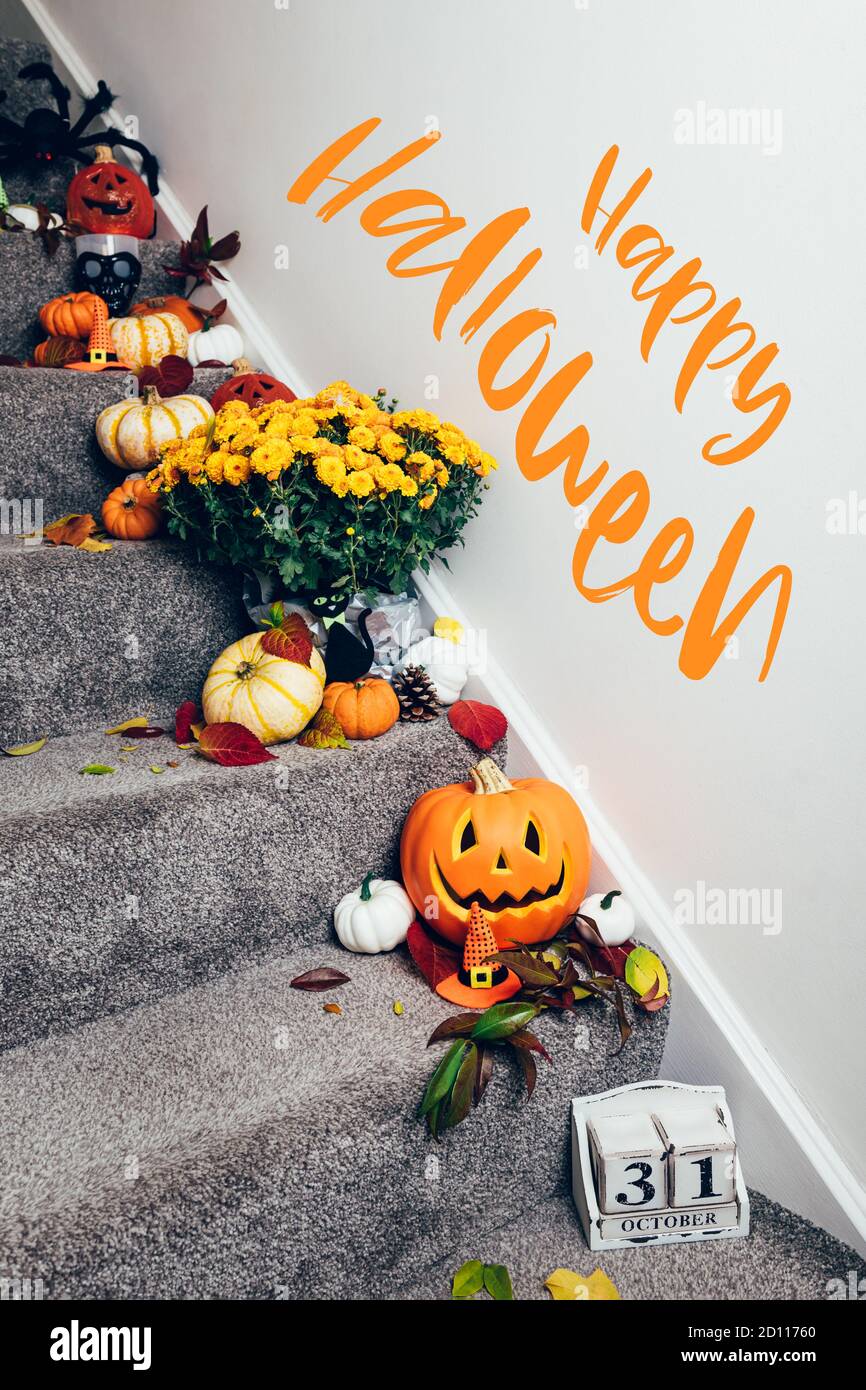 Pumpkins and decorations on stairs Stock Photo