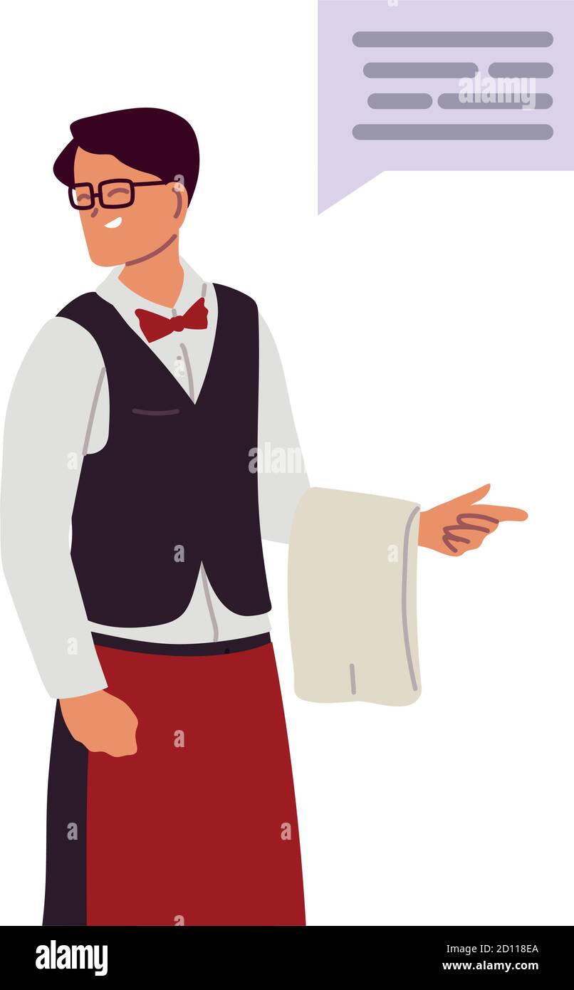 waiter with towel in hand and message in bubble vector illustration ...