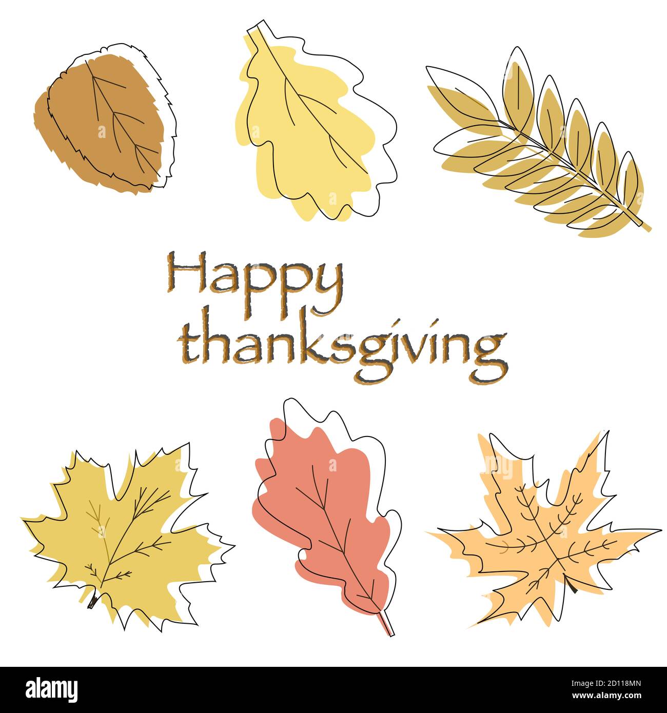 Autumn leaves and the inscription thanksgiving day. Art. American family holiday. Illustration. Stock Photo