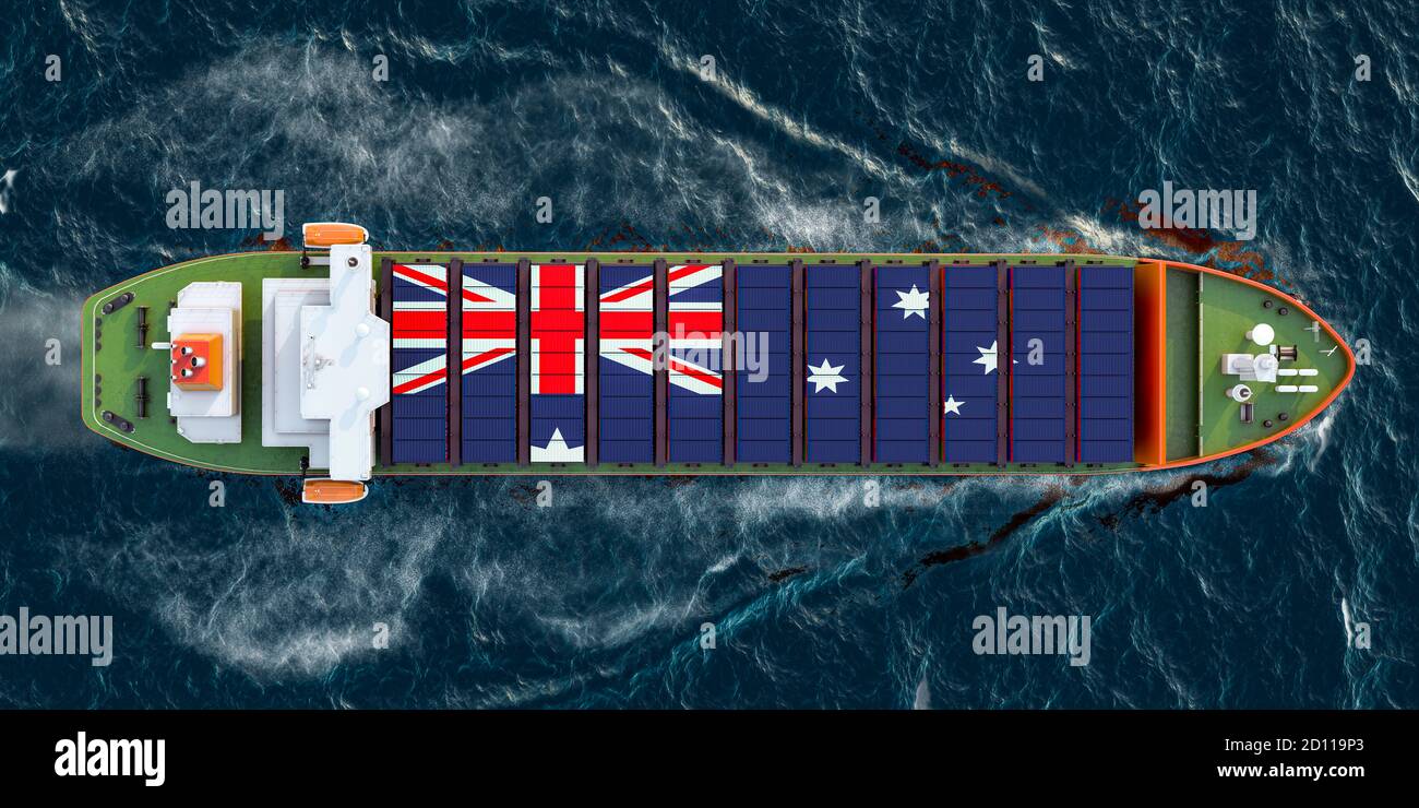 Freighter ship with Australian cargo containers sailing in ocean, 3D rendering Stock Photo