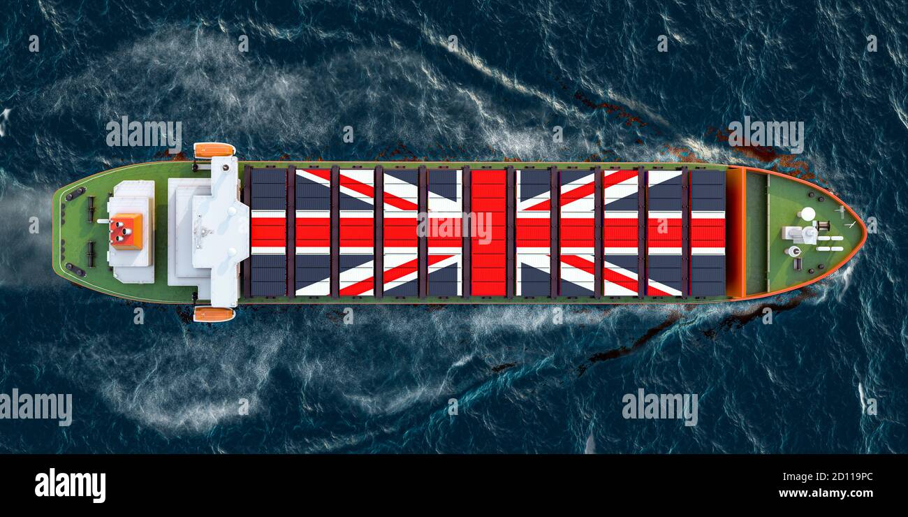 Freighter ship with British cargo containers sailing in ocean, 3D ...