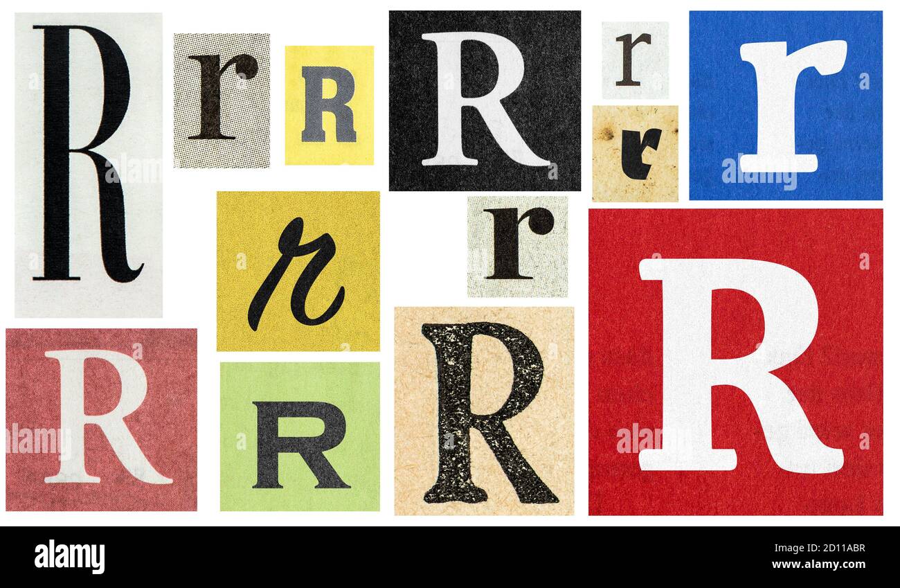 Paper cut letter R. Newspaper cutouts for scrapbooking and crafting Stock Photo