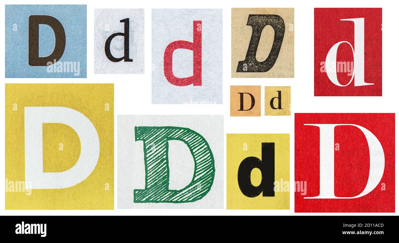 Paper cut letter D. Old newspaper magazine cutouts for scrapbook crafting Stock Photo