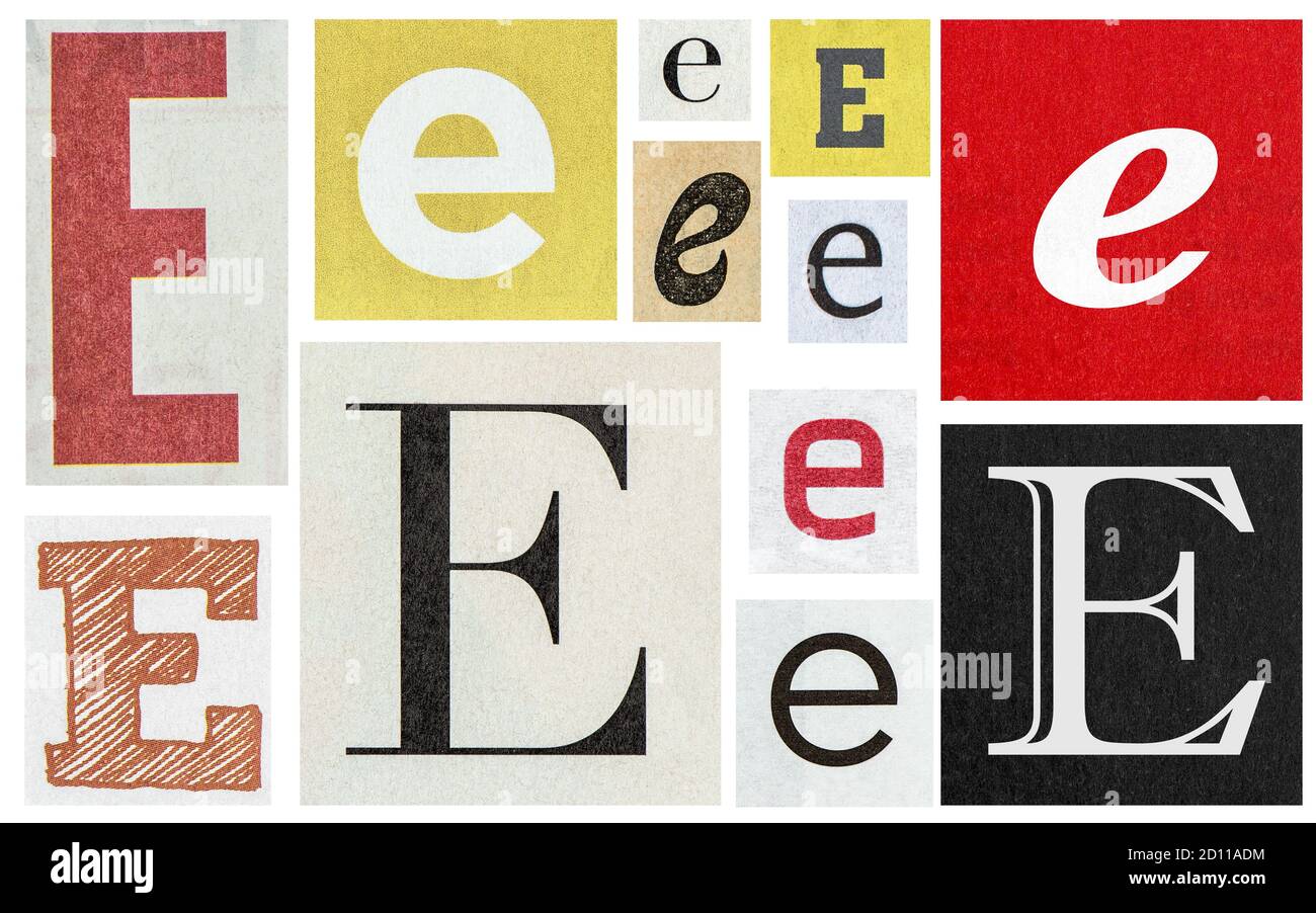 Paper cut letter E. Old newspaper magazine cutouts for creative scrapbooking and crafting Stock Photo