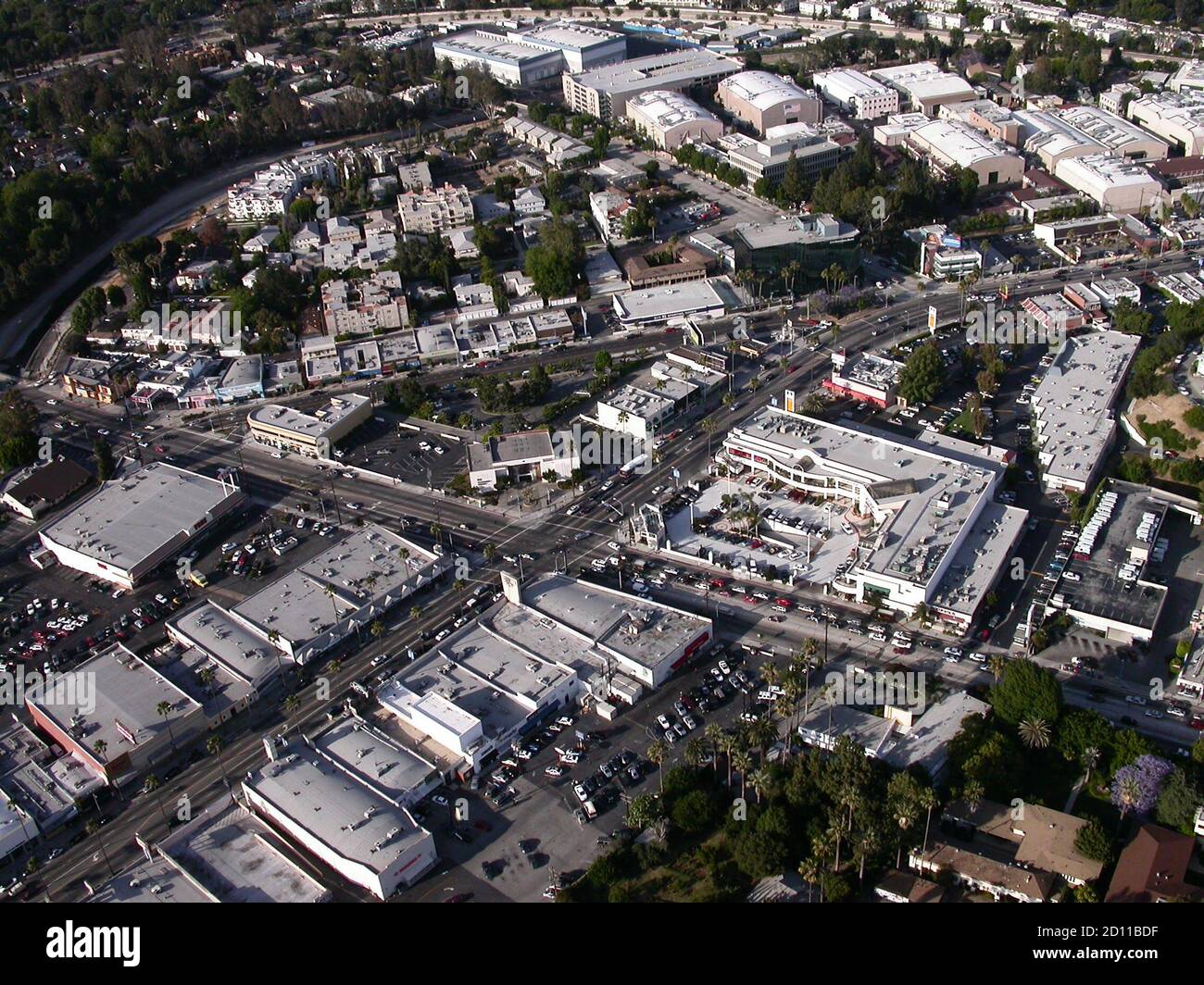 Los Angeles, California, USA - May 2004:  Archival aerial view of streets and buildings at the corner of Laurel Canyon Blvd and Ventura Blvd in the Studio City neighborhood of the San Fernando Valley. Stock Photo