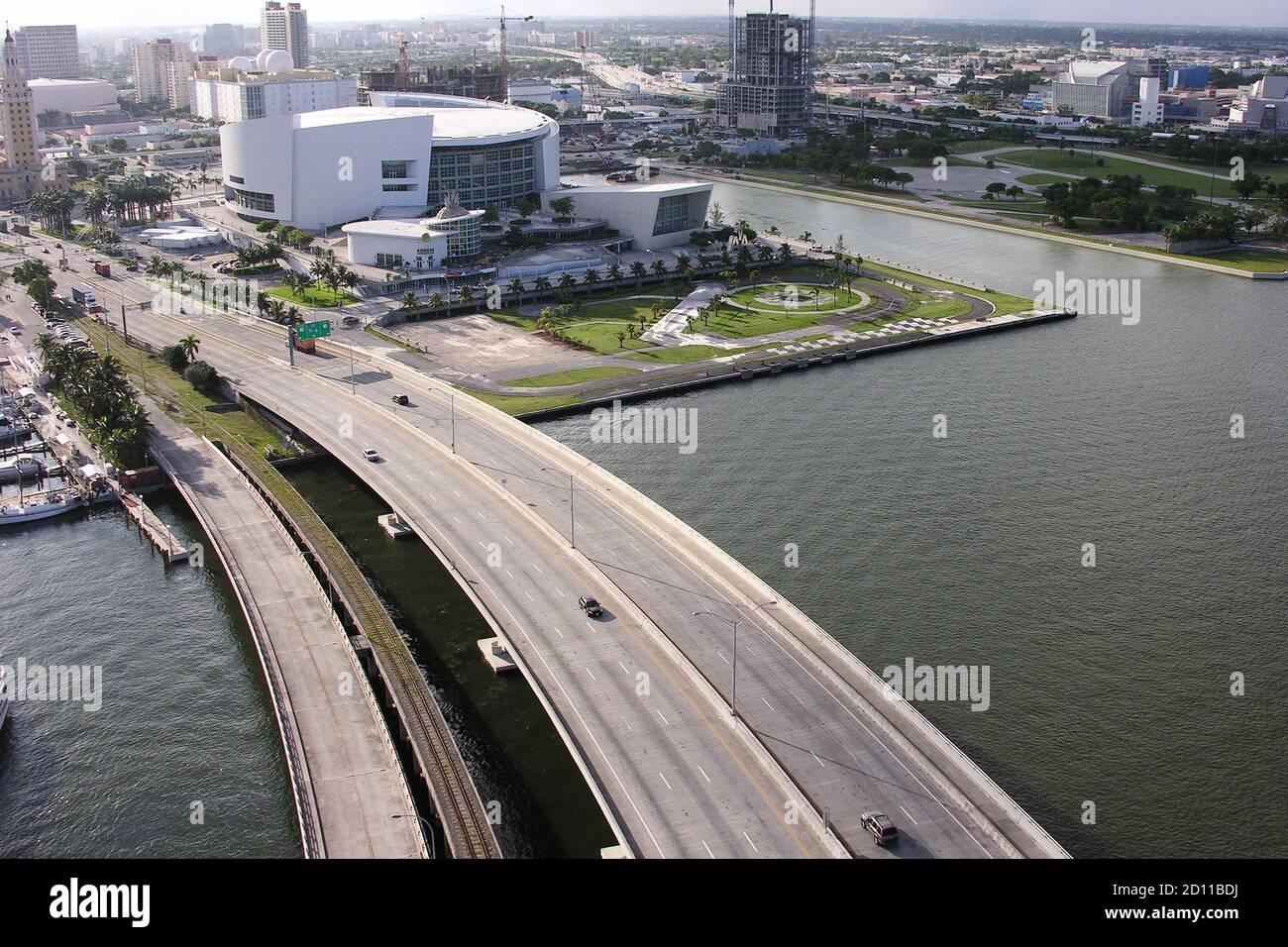 Archival September 2005 aerial view of Port Blvd causeway bridge and American Airlines Arena in downtown Miami, Florida, USA. Stock Photo