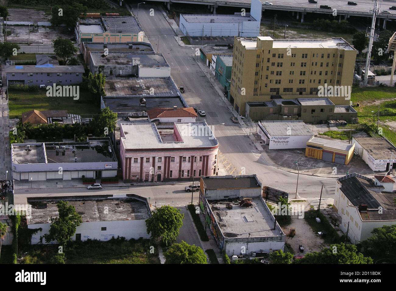 Miami, Florida, USA - September 2005:  Archival aerial view of buidling and roads in the historic Overtown neighborhood near downtown Miami. Stock Photo