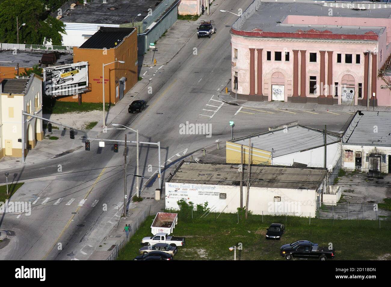 Miami, Florida, USA - September 2005:  Archival aerial view of streets and buidlings in the Overtown neighborhood near downtown Miami. Stock Photo