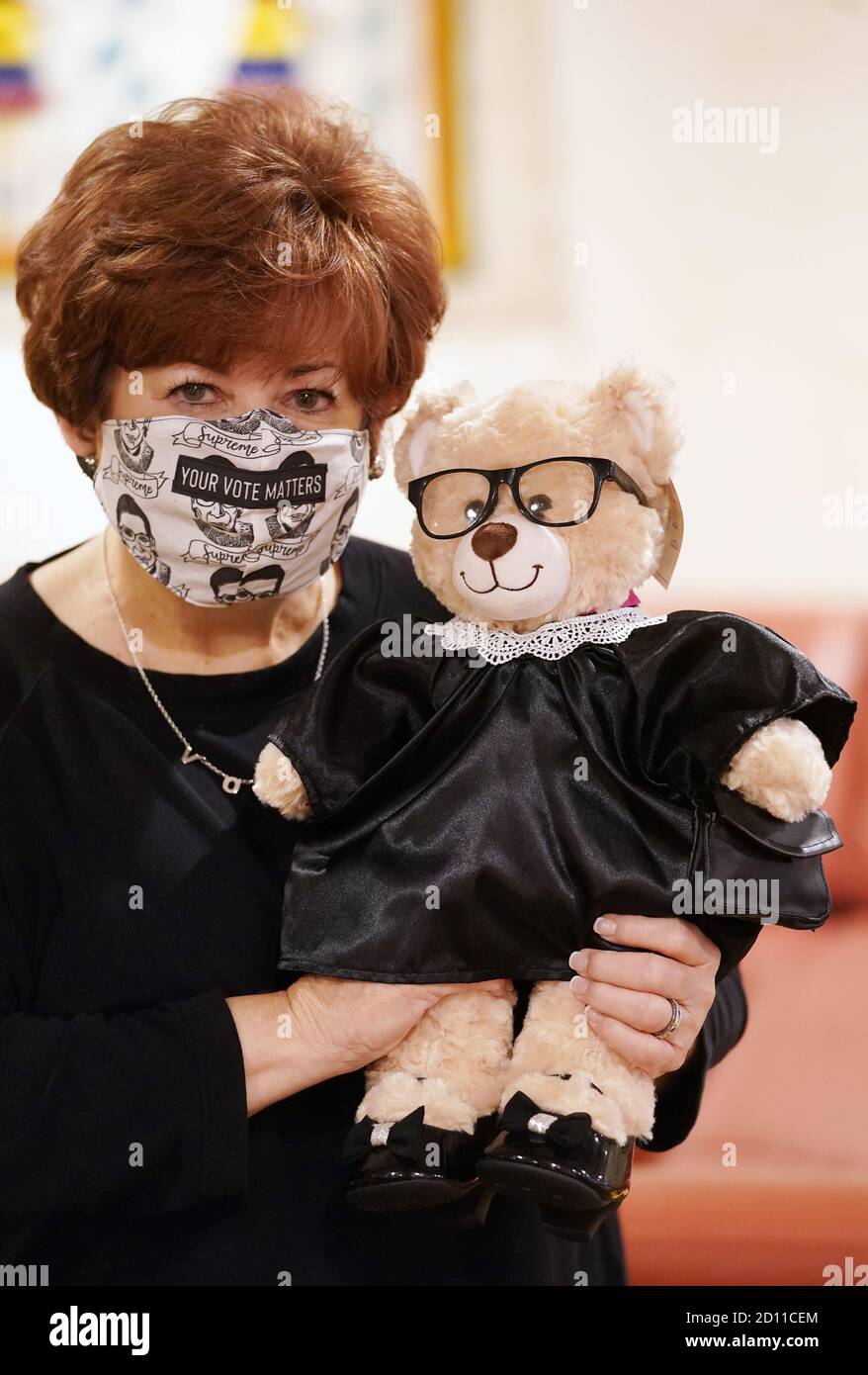 Clayton, United States. 04th Oct, 2020. Build-A-Bear Workshop founder Maxine Clark, holds her newest creation, the Ruth Bader Ginsbear, in Clayton, Missouri on Sunday, October 4, 2020. Clark says the stores are not selling the bear readymade, however Build-A-Bear has all the ingredients in their stores to create the bear. Photo by Bill Greenblatt/UPI Credit: UPI/Alamy Live News Stock Photo