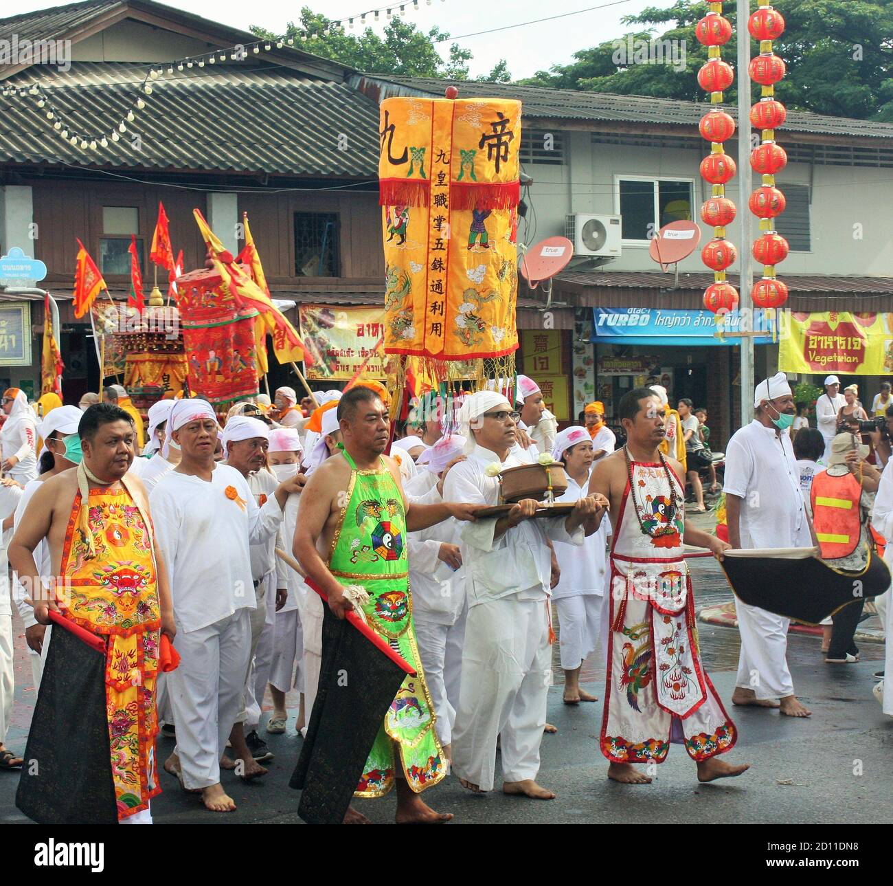 Phuket Town / Thailand - October 7, 2019: Nine Emperor Gods Festival or Phuket Vegetarian Festival parade, procession with Taoist devotees in traditio Stock Photo