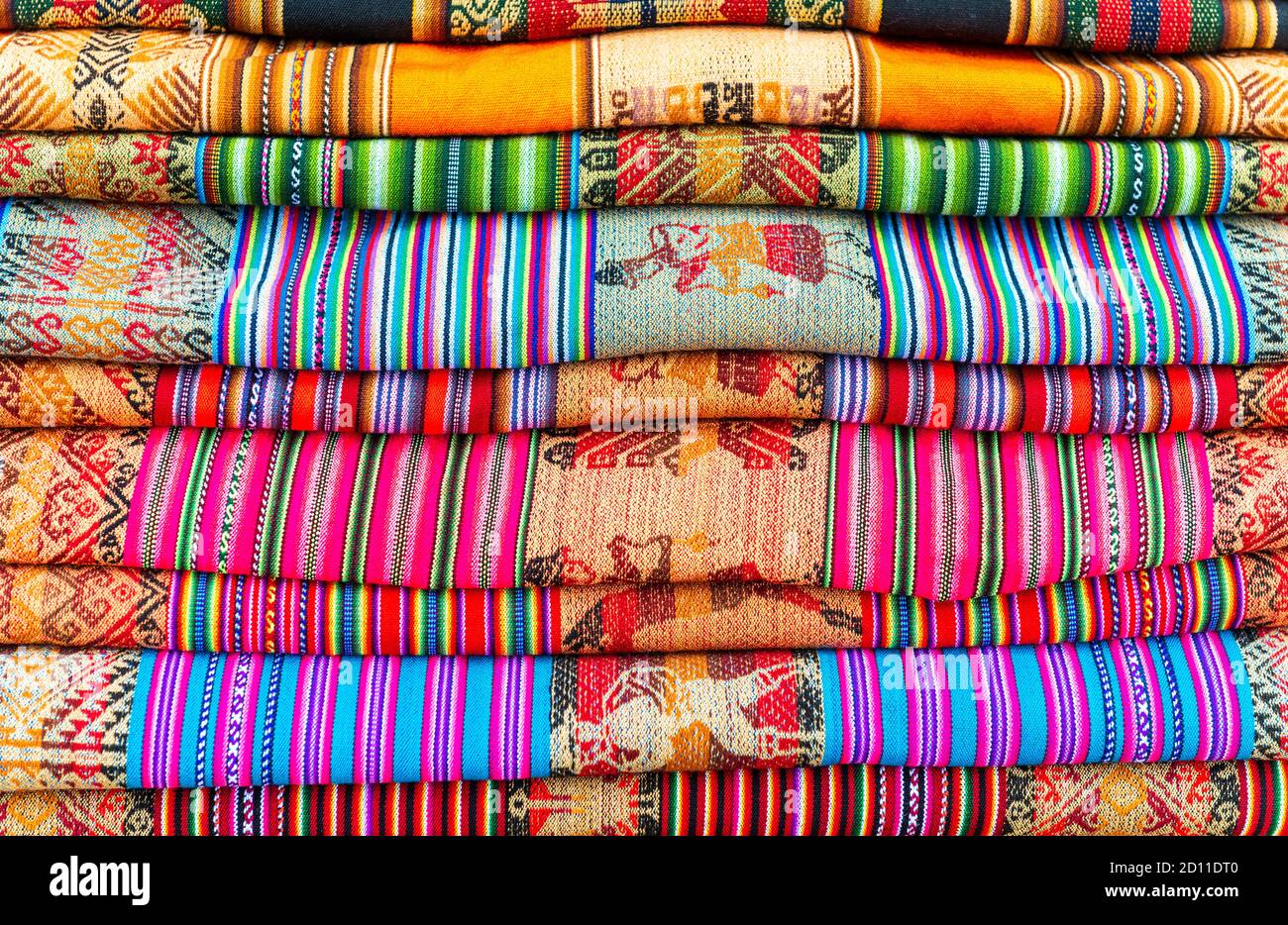 Traditional Andes fabric on the local art and craft market of Tarabuco, Sucre region, Bolivia. Stock Photo