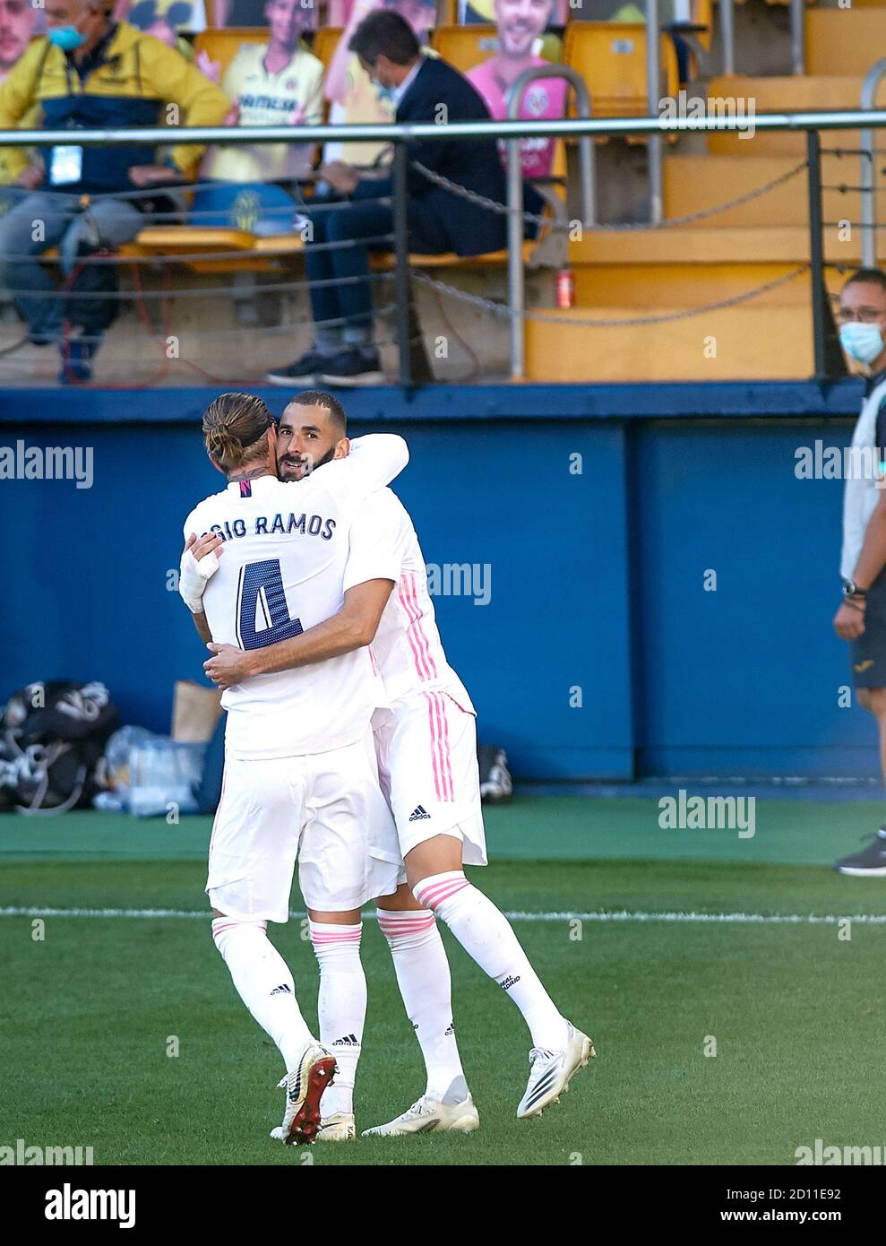 Karim Benzema of Real Madrid celebrates a goal with Sergio Ramos during ...