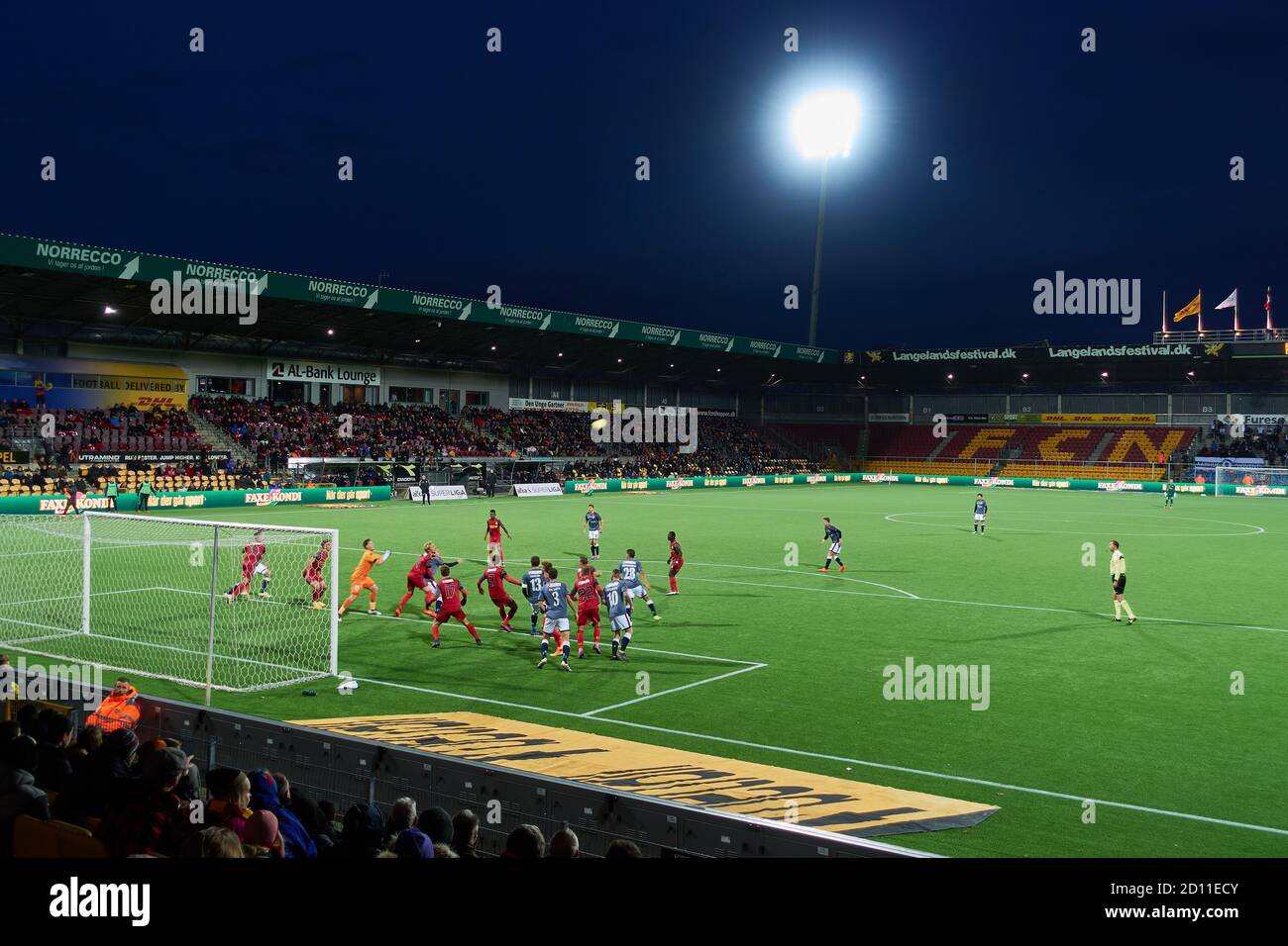 Football match, between FC Nordsjælland and Aarhus Gymnastikforening (AGF), for the danish Superliga, the national football championship Stock Photo