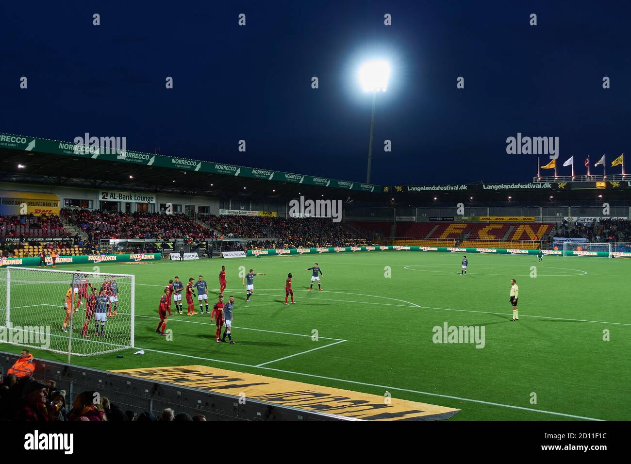 Football match, between FC Nordsjælland and Aarhus Gymnastikforening (AGF), for the danish Superliga, the national football championship Stock Photo