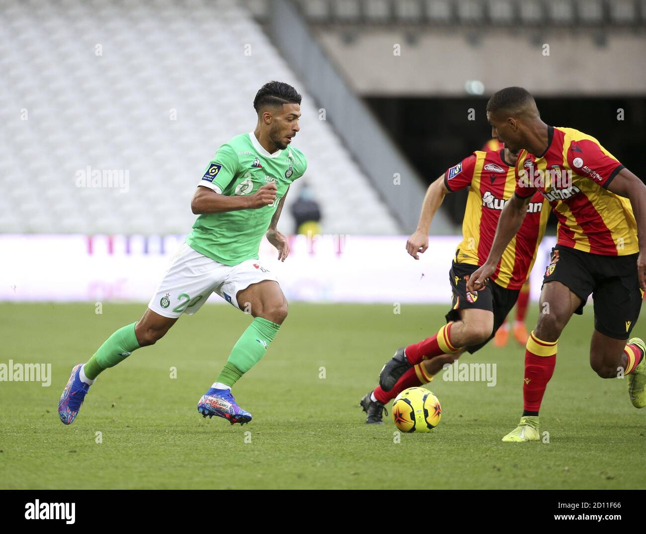 Denis Bouanga of Saint-Etienne during the French championship Ligue 1 football match between RC Lens and AS Saint Etienne (ASSE) on October 3, 2020 at Stock Photo