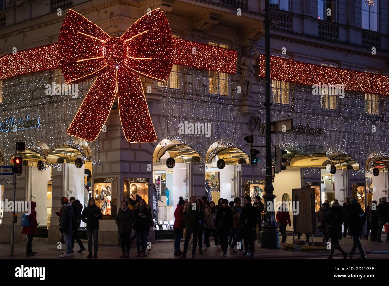 Red Bow displayed on Popp & Kretschmer Department Store each Christmas in  Vienna, Austria Stock Photo - Alamy