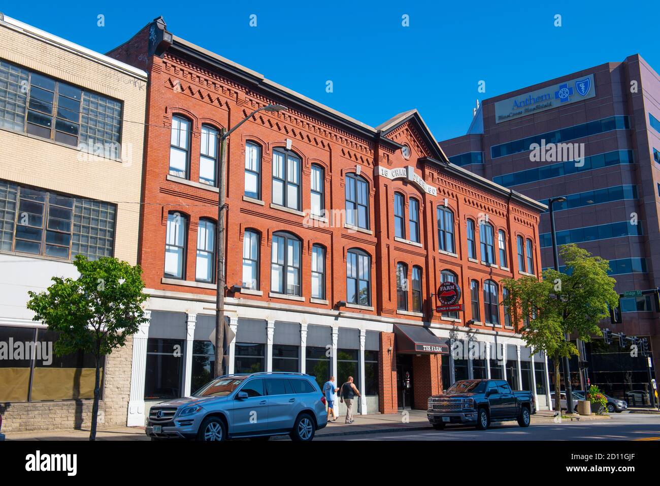 Historic commercial buildings on Elm Street at Bridge Street in downtown Manchester, New