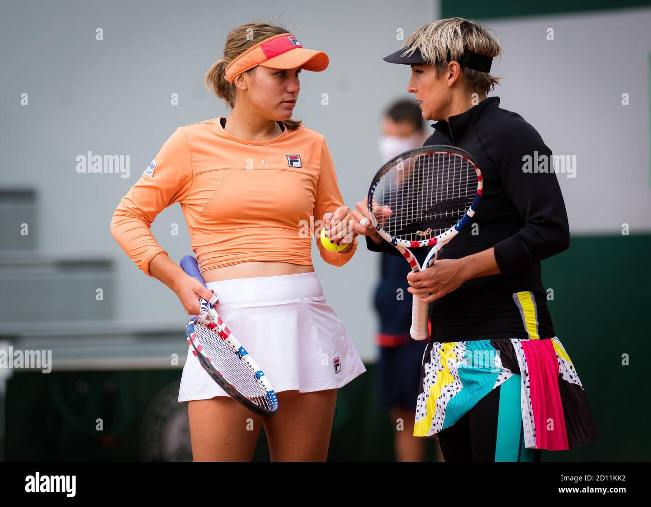 Sofia Kenin and Bethanie Mattek-Sands of the United States playing doubles at the Roland Garros 2020, Grand Slam tennis tournament, on October 4, 2020 Stock Photo