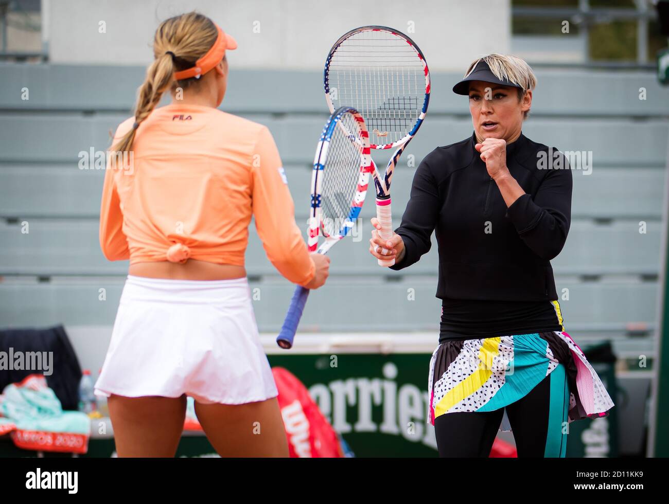 Sofia Kenin and Bethanie Mattek-Sands of the United States playing doubles at the Roland Garros 2020, Grand Slam tennis tournament, on October 4, 2020 Stock Photo