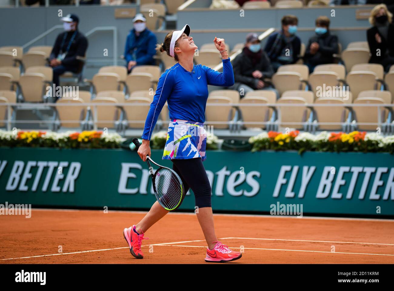Elina Svitolina of the Ukraine celebrates after winning against Caroline Garcia of France during the fourth round at the Roland Garros 2020, Grand Sla Stock Photo