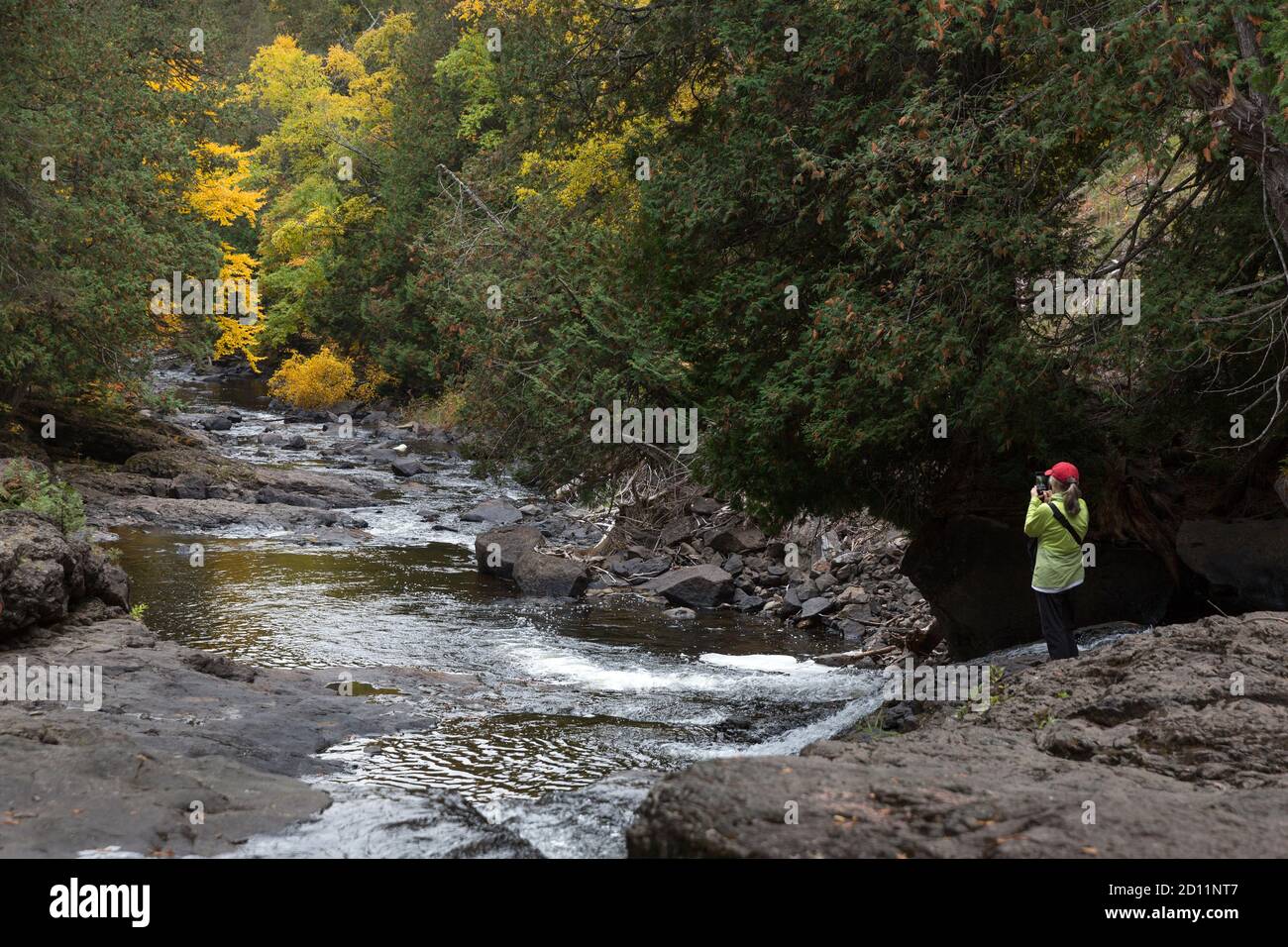 Tourist photographing landscape scenery in Cascade River State Park along the North Shore of Lake Superior, Minnesota Stock Photo