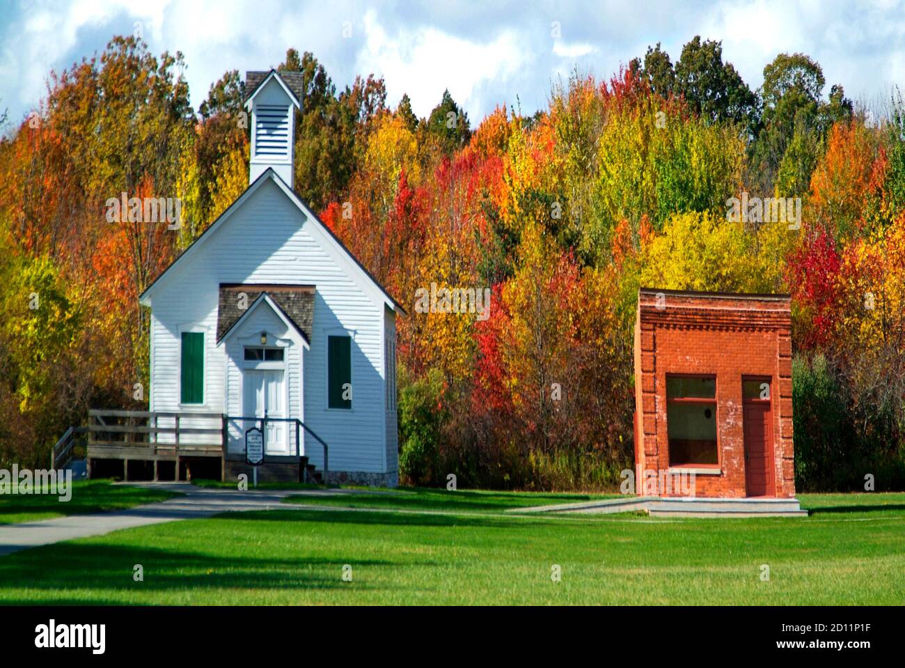 Autumn fall church scene in Michigan or one room school house Stock Photo