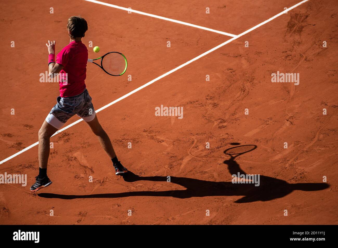Paris, France. 4th Oct, 2020. Sebastian Korda hits a return during the men's singles 4th round match between Rafael Nadal of Spain and Sebastian Korda of the United States at the French Open tennis tournament 2020 at Roland Garros in Paris, France, Oct. 4, 2020. Credit: Aurelien Morissard/Xinhua/Alamy Live News Stock Photo