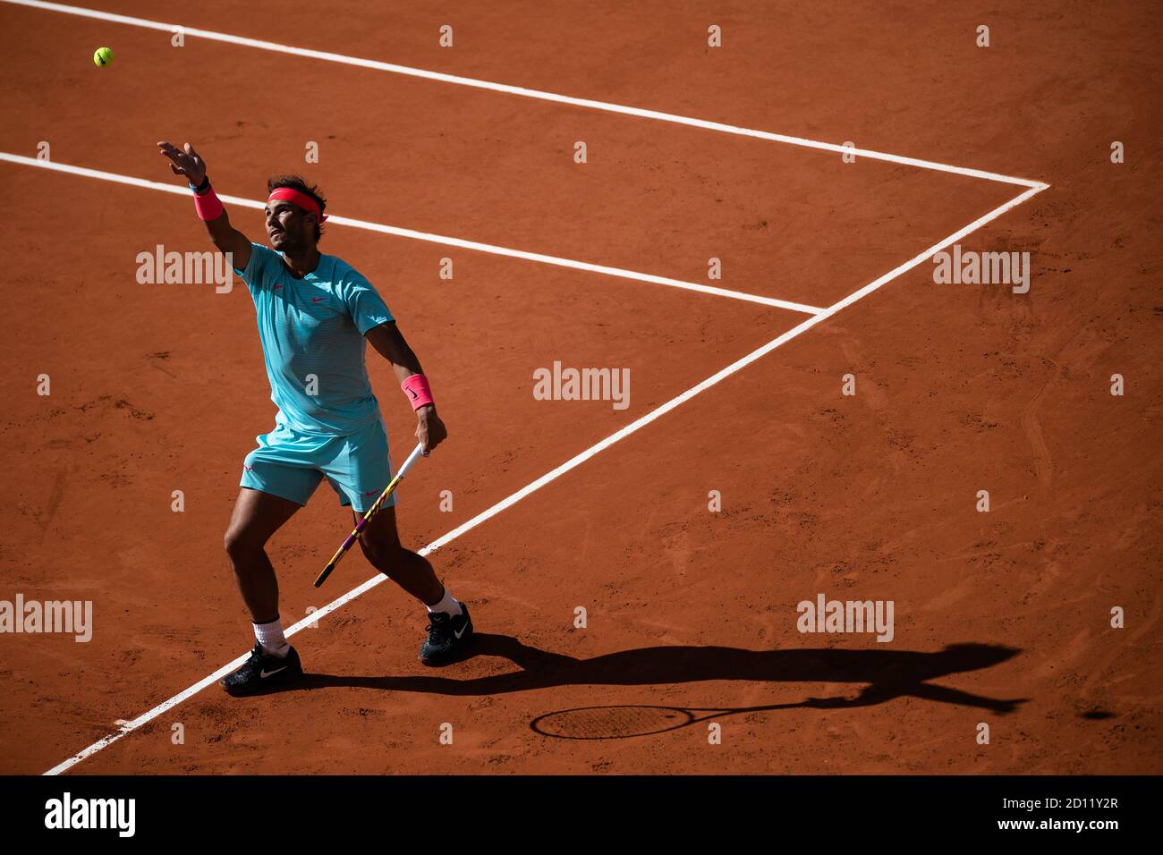 Paris, France. 4th Oct, 2020. Rafael Nadal serves during the men's singles 4th round match between Rafael Nadal of Spain and Sebastian Korda of the United States at the French Open tennis tournament 2020 at Roland Garros in Paris, France, Oct. 4, 2020. Credit: Aurelien Morissard/Xinhua/Alamy Live News Stock Photo
