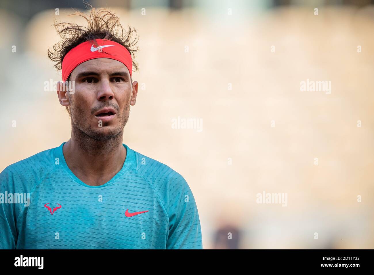 Paris, France. 4th Oct, 2020. Rafael Nadal reacts during the men's singles 4th round match between Rafael Nadal of Spain and Sebastian Korda of the United States at the French Open tennis tournament 2020 at Roland Garros in Paris, France, Oct. 4, 2020. Credit: Aurelien Morissard/Xinhua/Alamy Live News Stock Photo