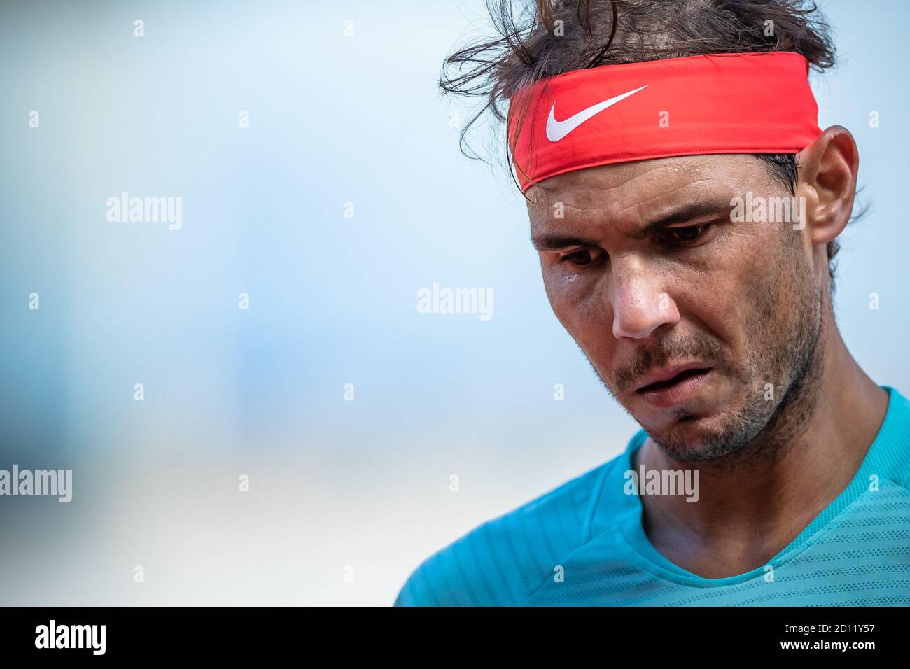 Paris, France. 4th Oct, 2020. Rafael Nadal reacts during the men's singles 4th round match between Rafael Nadal of Spain and Sebastian Korda of the United States at the French Open tennis tournament 2020 at Roland Garros in Paris, France, Oct. 4, 2020. Credit: Aurelien Morissard/Xinhua/Alamy Live News Stock Photo