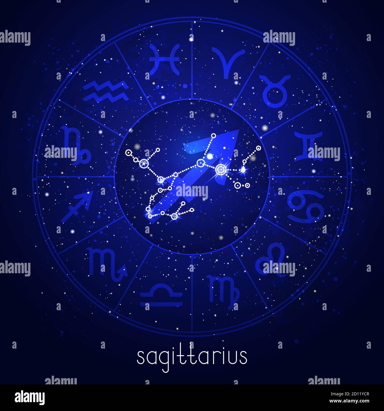 Zodiac sign and constellation SAGITTARIUS with Horoscope circle and sacred symbols on the starry night sky background. Vector illustrations in blue co Stock Vector